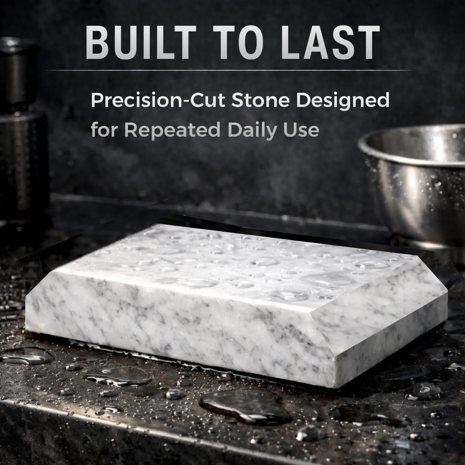 Marble sharpening stone on a dark surface with text 'Built to Last' and 'Precision-Cut Stone Designed for Repeated Daily Use'.