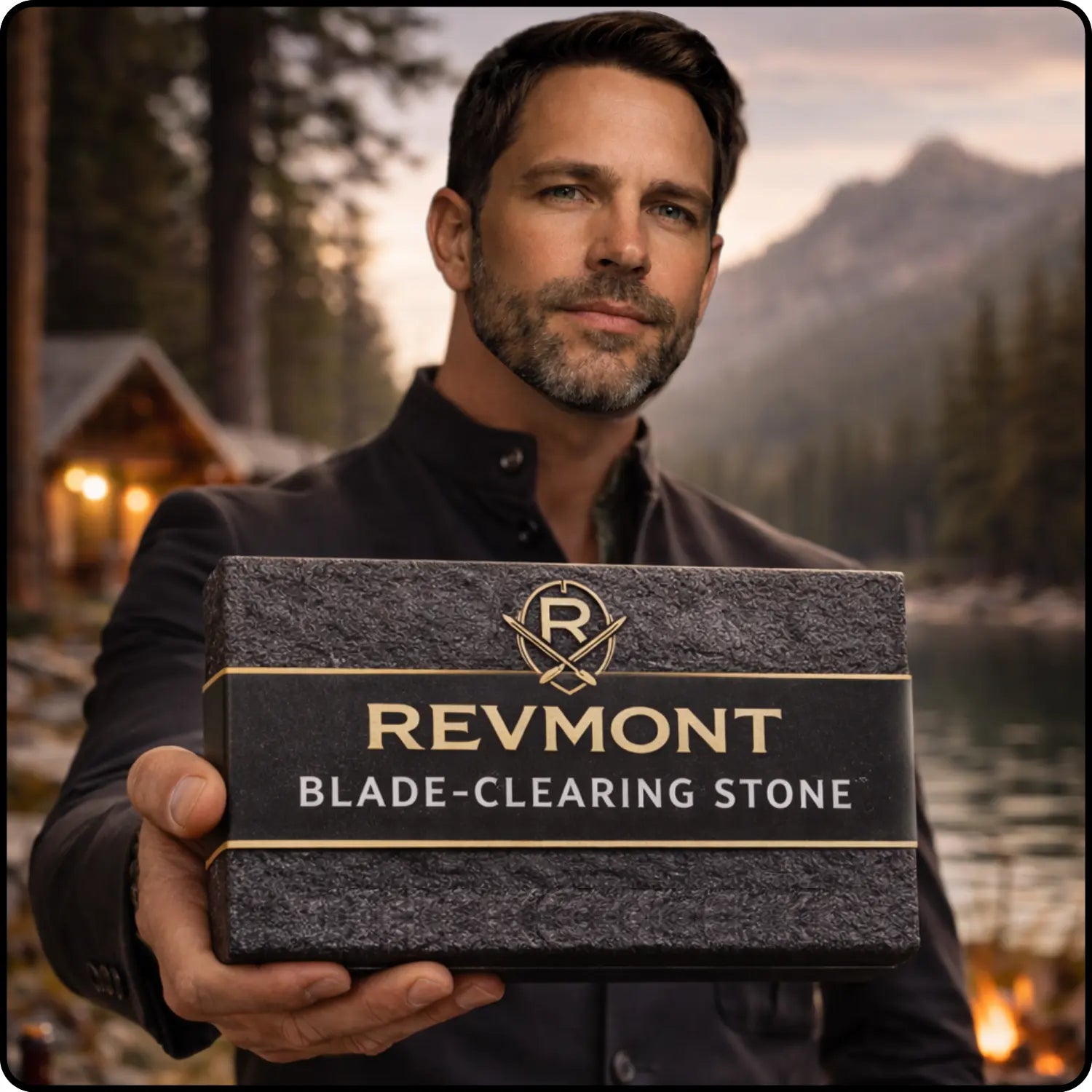 Man holding a Revmont Blade-Clearing Stone with a scenic background