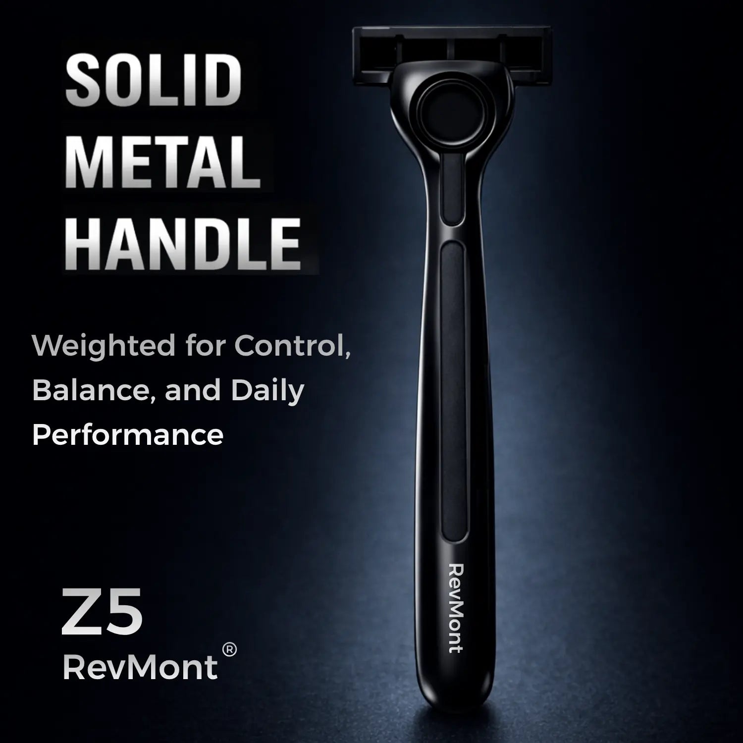 Black razor with 'RevMont' branding on a dark background