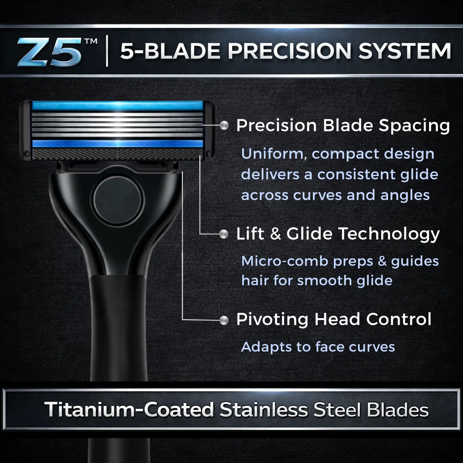 Z5 5-blade precision system razor with features highlighted on a dark background