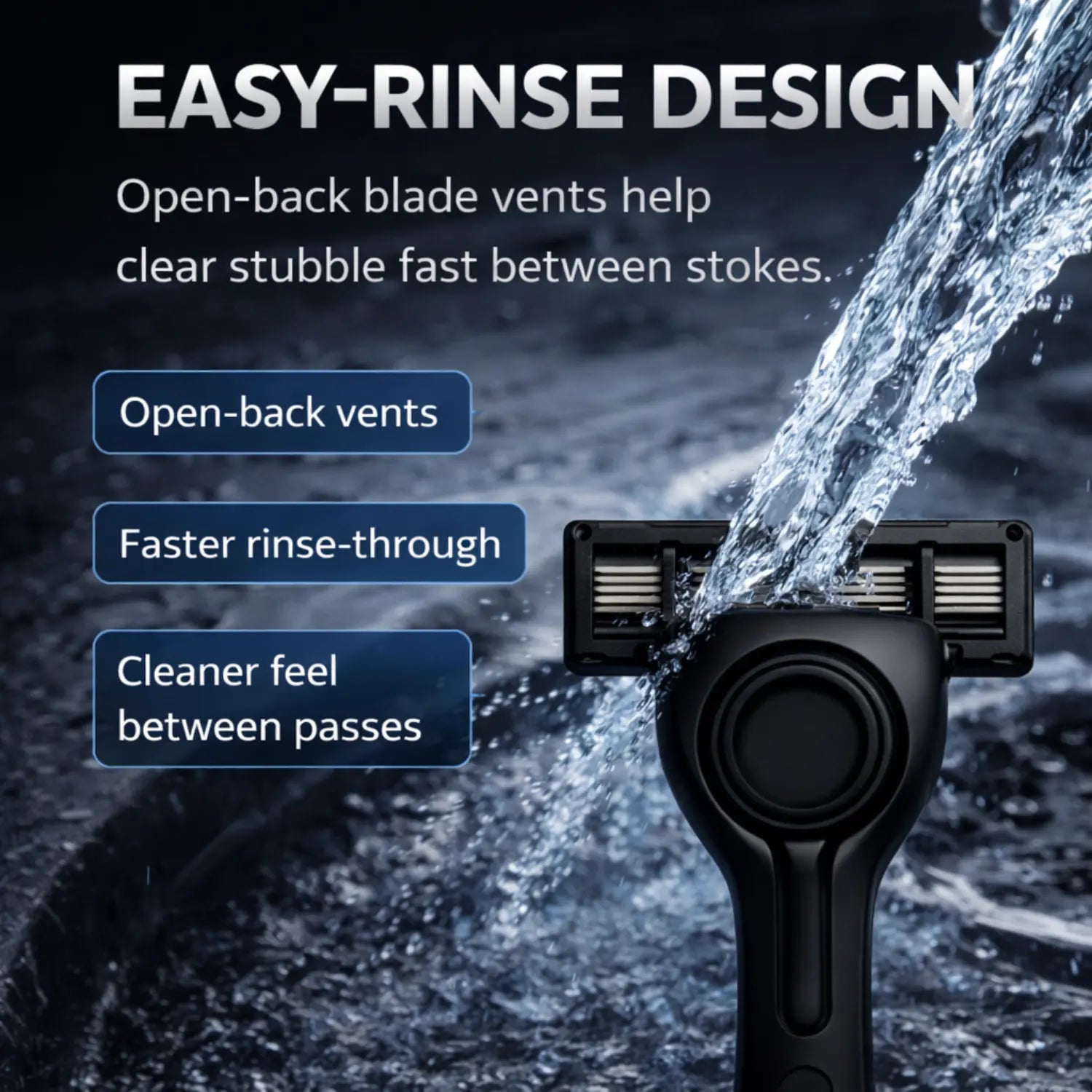 Z5 Shaving Razor with water flowing over it, highlighting easy-rinse design features.
