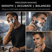 Man using a Z5 shaving razor with text: Precision Shaving, Smooth, Accurate, Balanced.