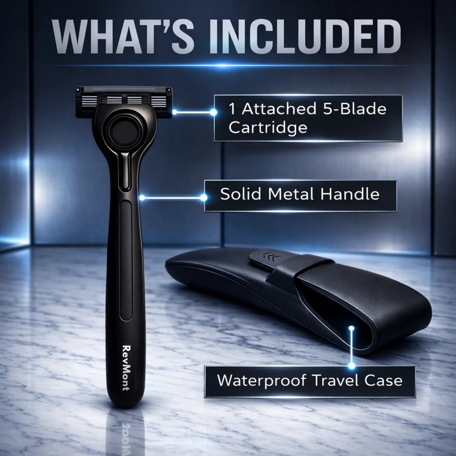 Black razor with attached 5-blade cartridge, solid metal handle, and waterproof travel case on a futuristic background.