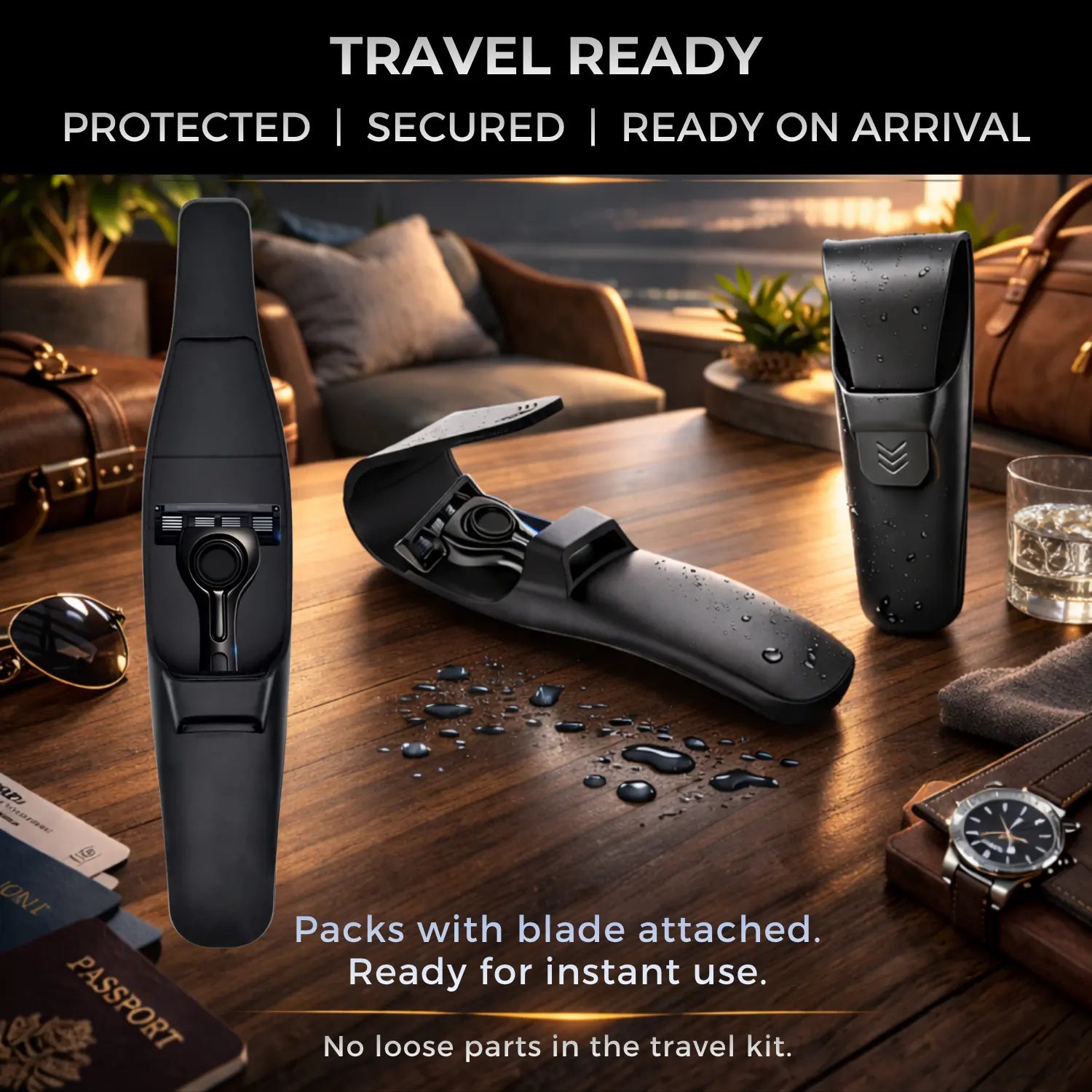 Travel-ready grooming kit with blades on a walnut table surrounded by travel accessories.