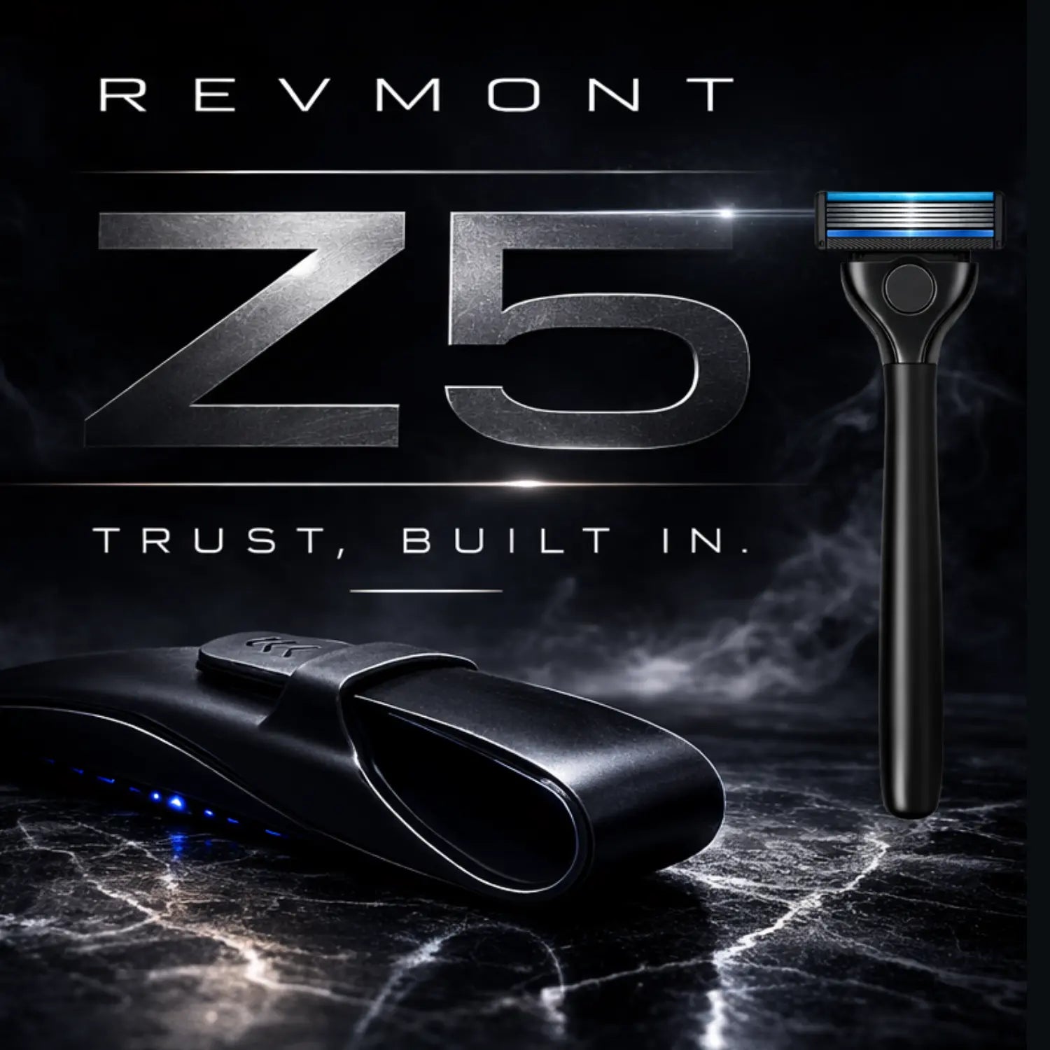 Revmont Z5 razor and shaver on a dark marble surface with brand name displayed.