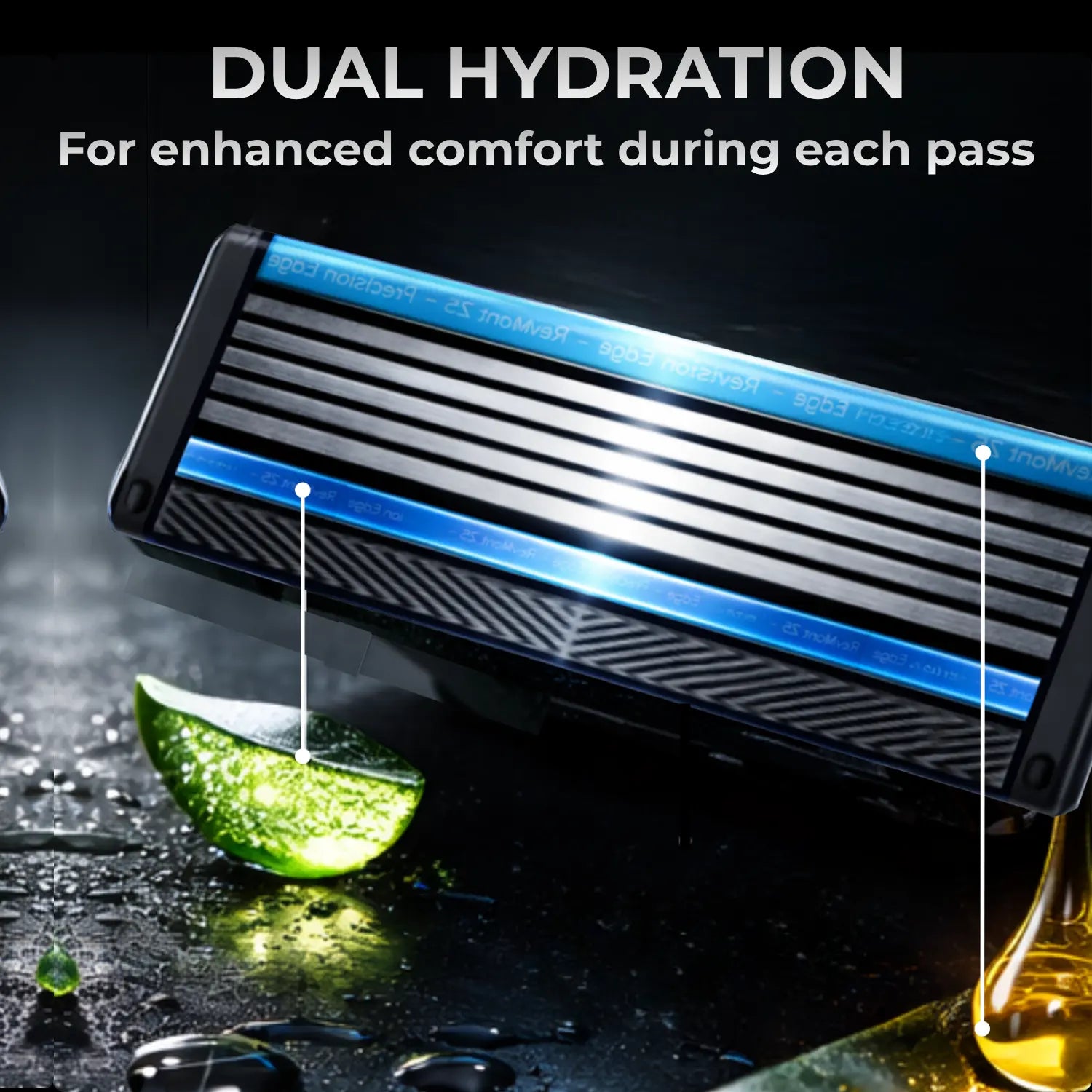 Shaving razor with dual hydration feature on a dark background with lime and oil.