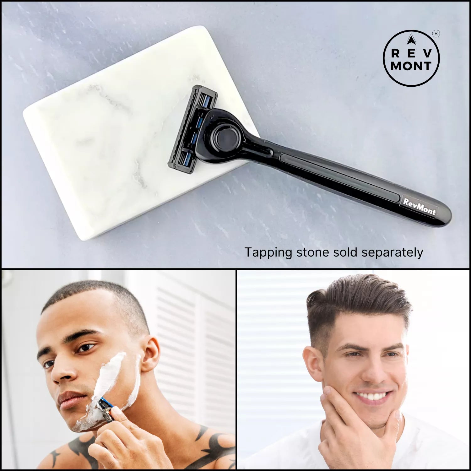 Shaving system with marble tapping stone and black metal handle from the RevMont Z5 Collection.