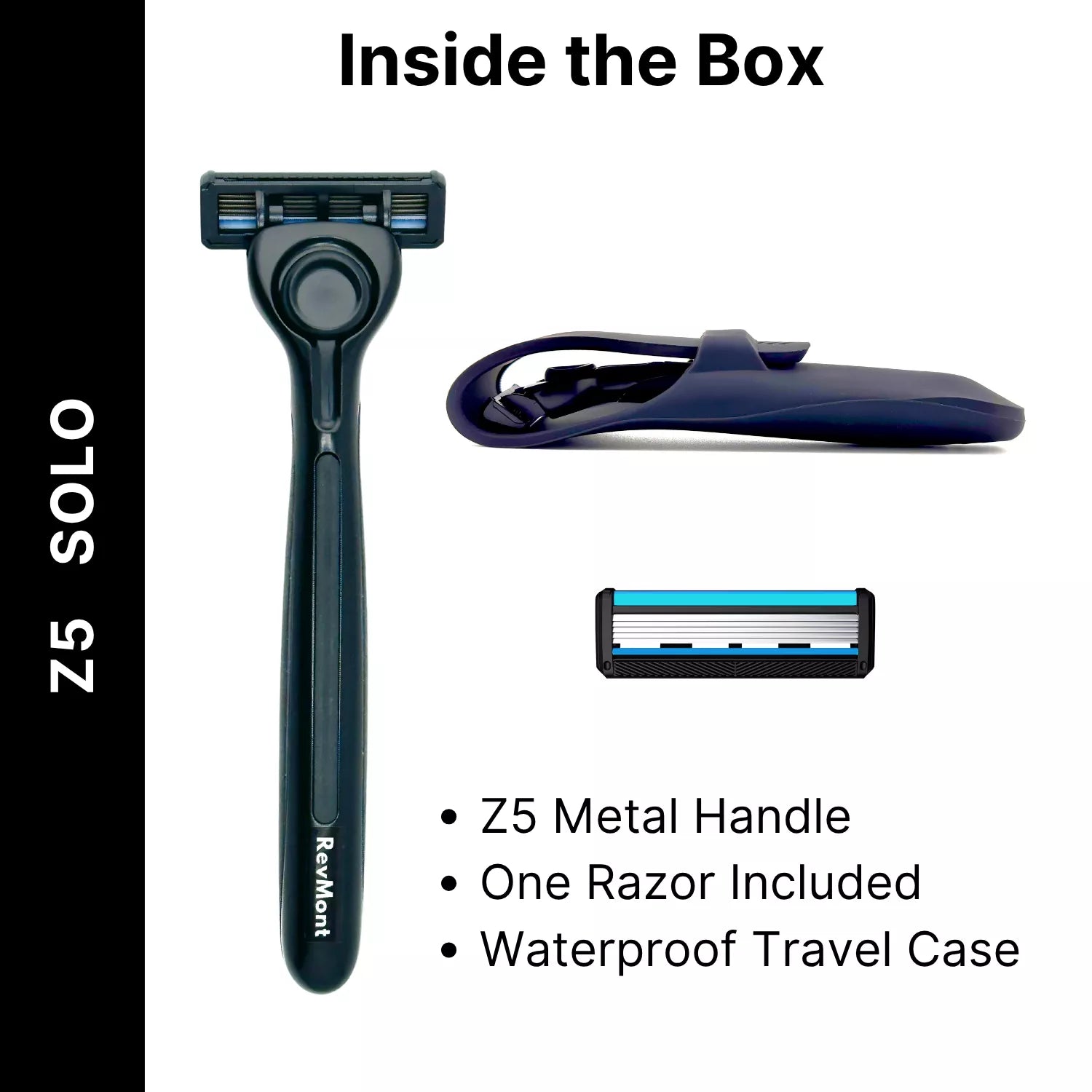 RevMont Z5 Solo razor with metal handle, blade, and waterproof travel case.