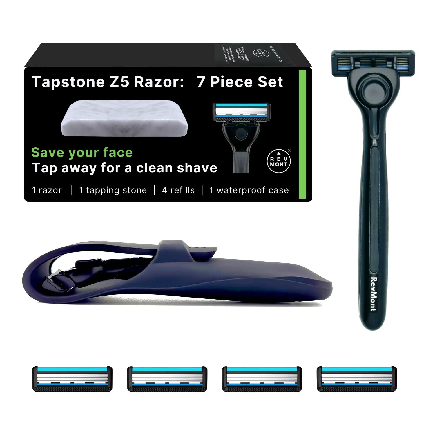 Tapstone Z5 Razor 7-piece shaving set with tapping stone and refill blades.