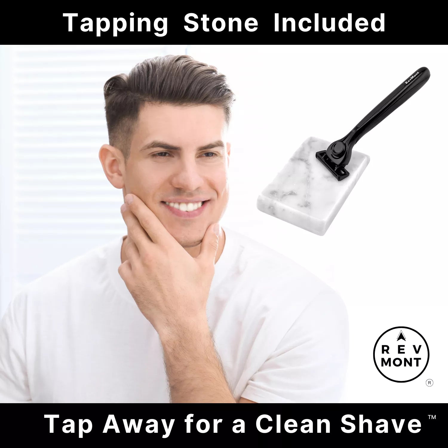 Man with a clean-shaven face after using a Tapstone Brand tapping stone.