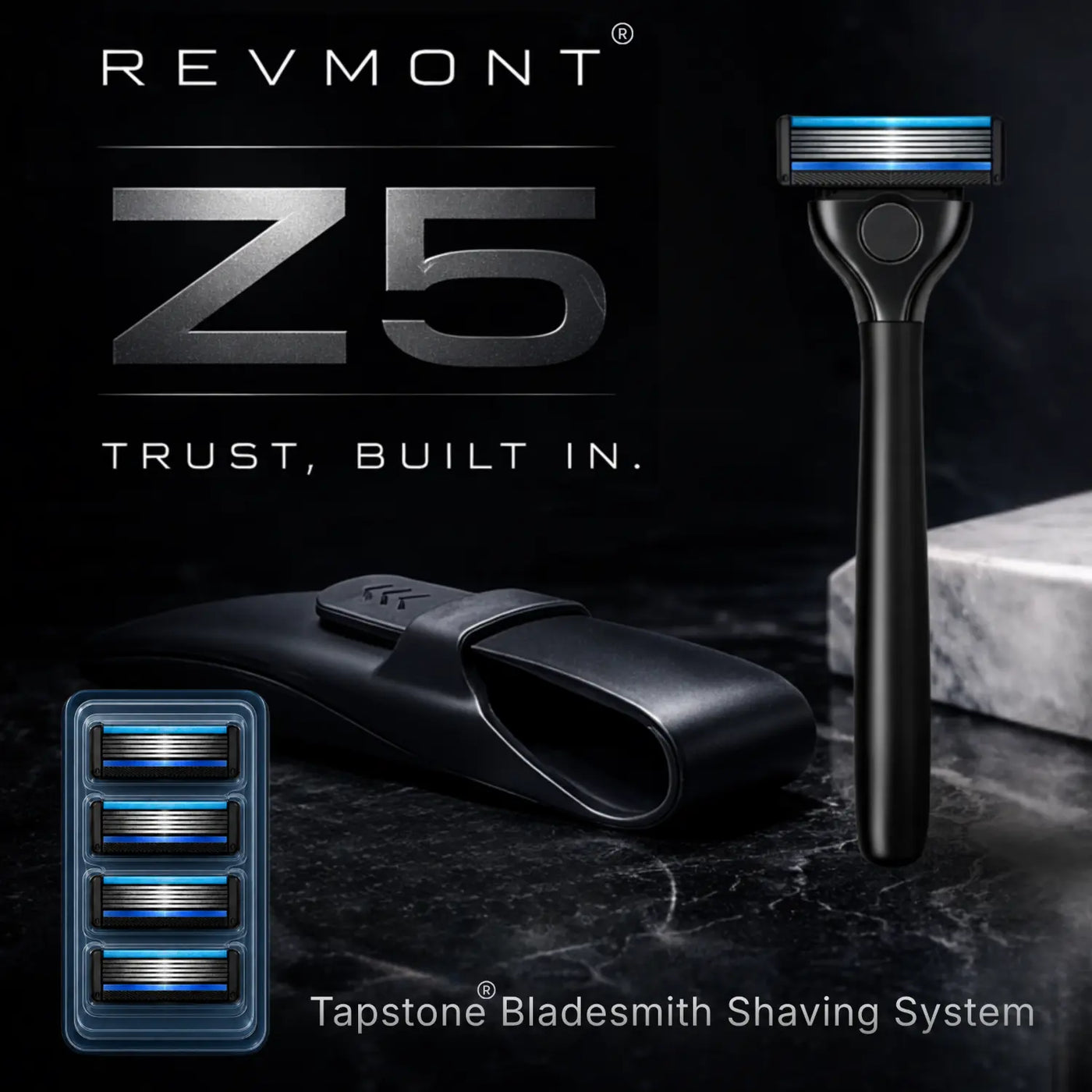 RevMont Tapstone Z5 Bladesmith Shaving System on black marble