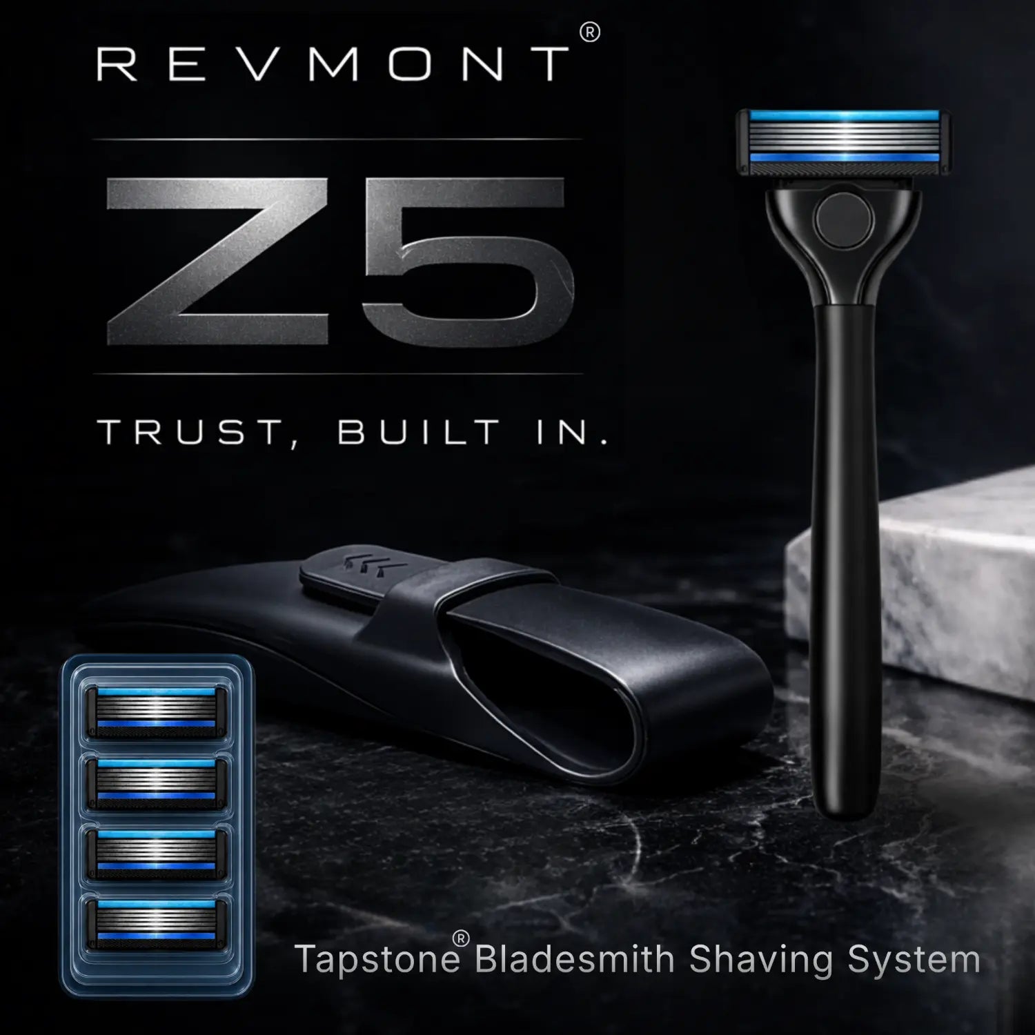 RevMont Tapstone Z5 Bladesmith Shaving System Layout on Black Marble Background