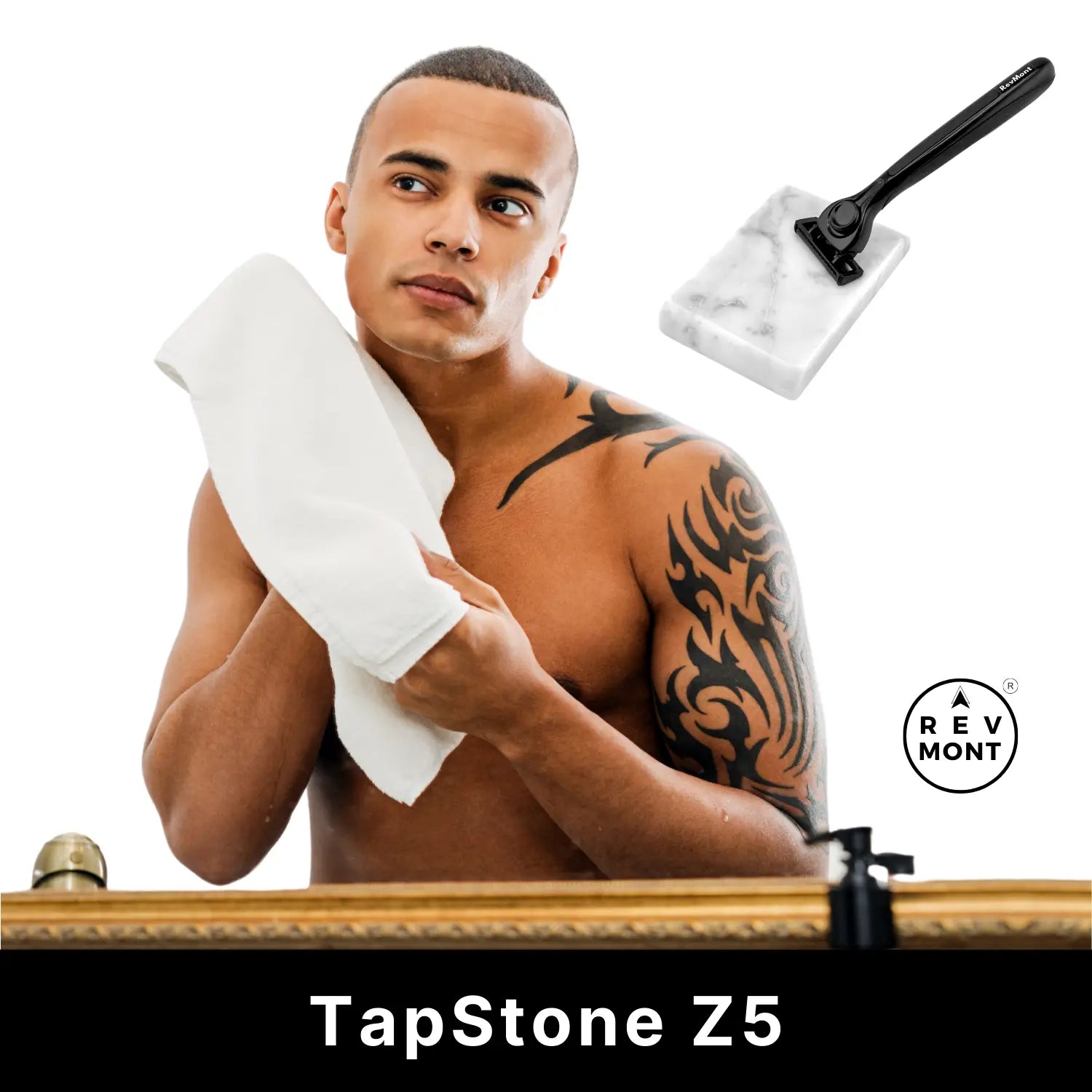 Man Shaving with RevMont Z5 Razor and Marble Tapping Stone
