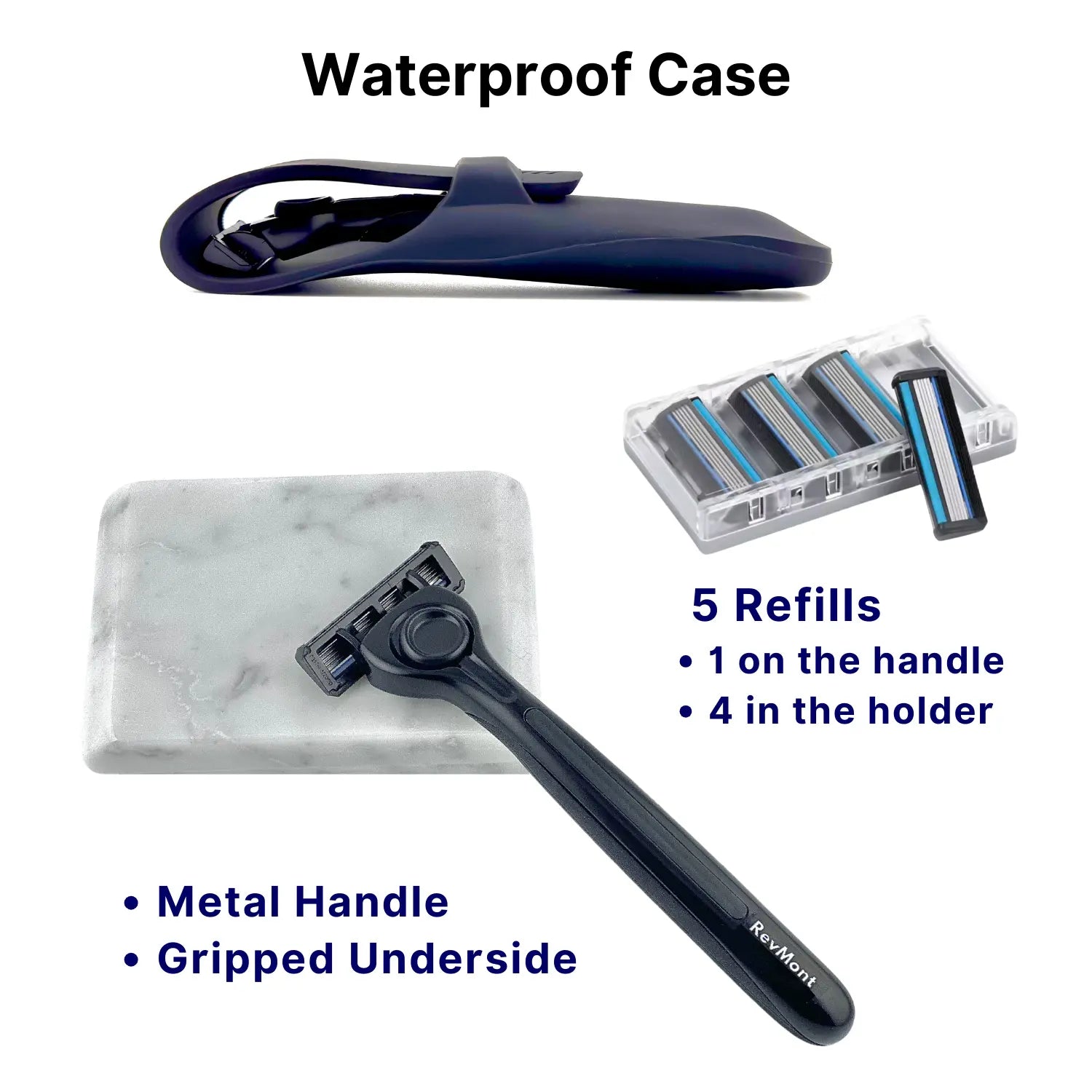 RevMont Z5 shaving kit with razor, marble tapping stone, travel case, and refills.