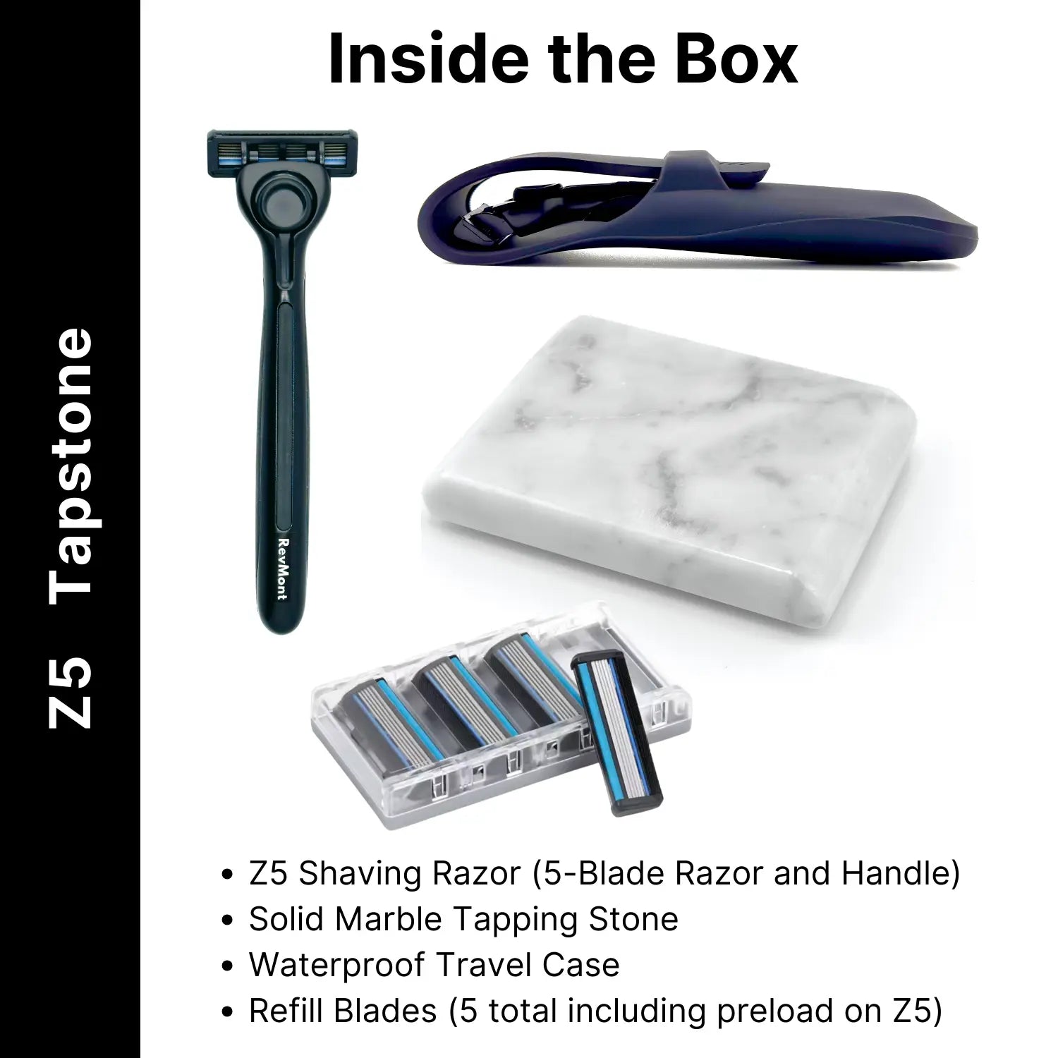Z5 Tapstone shaving kit with razor, taping stone, travel case, and refill blades on a white background.