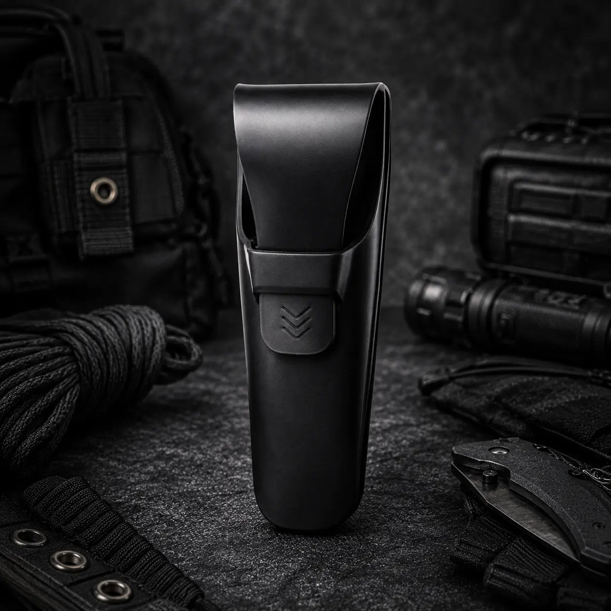 Black tactical Z5 Razor sheath on a dark background with tactical gear.
