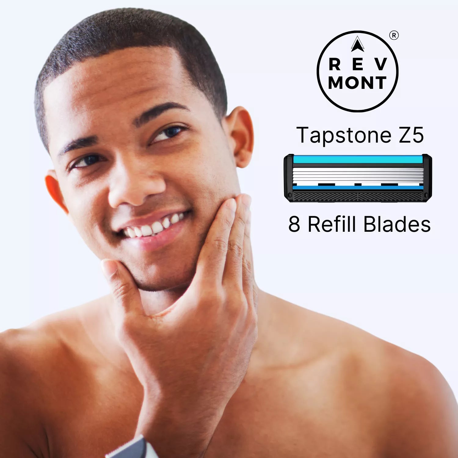 Man touching his face after shaving with fresh RevMont Tapstone Z5 refill blade.