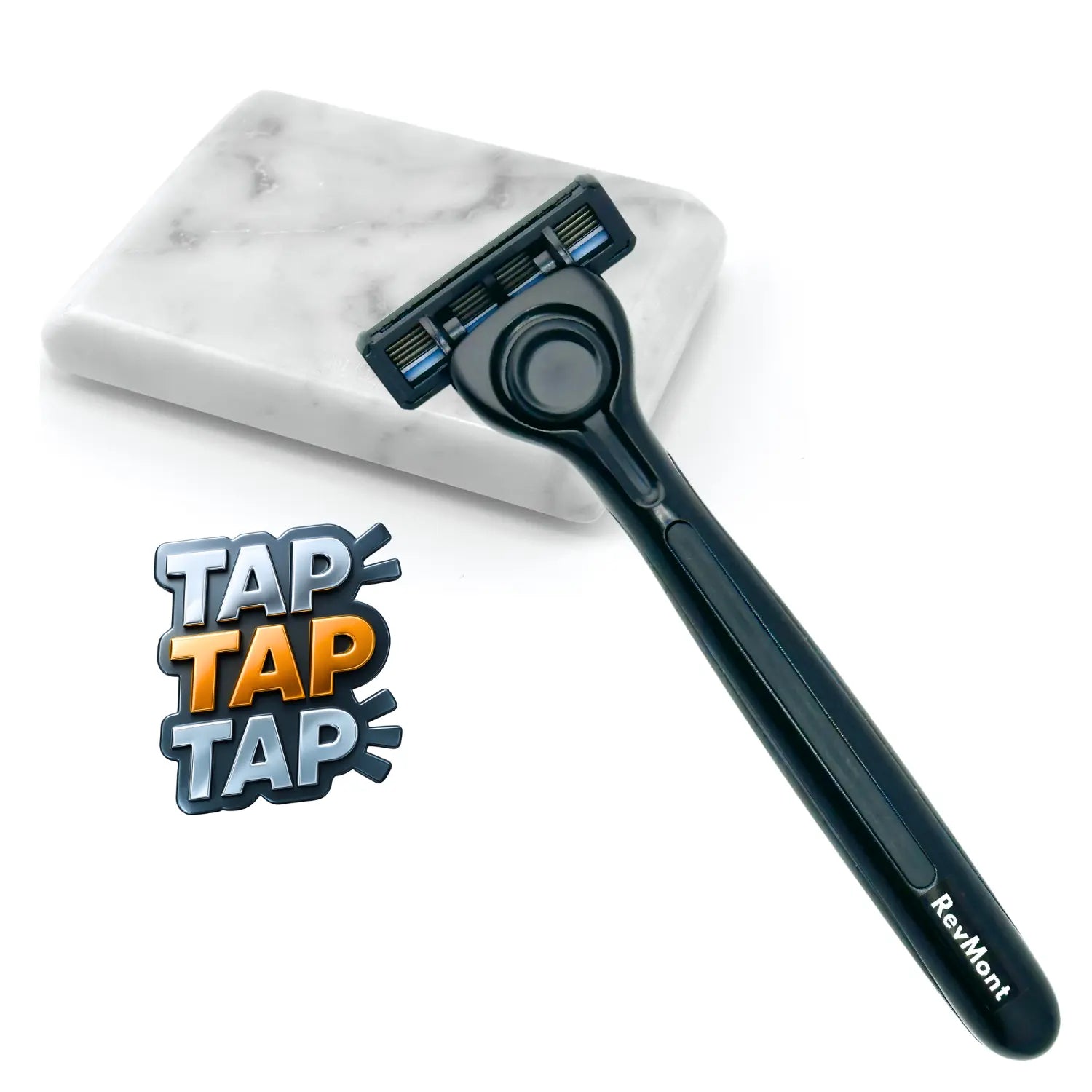 Tapstone Brand shaving technique displaying metal razor tapping on marble stone near words: tap, tap, tap